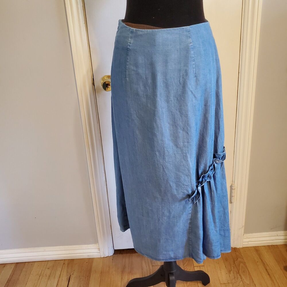 Chelsea28 Ruffle Gathered Midi Skirt Chambray Size S Boho Country Cottage Fairy - Picture 5 of 9
